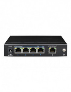 Switch PoE+ 5 porturi 10/100/1000 Base-T (4 downlink, 1 uplink) pentru sisteme de supraveghere. Comanda online pe RFPro.ro.