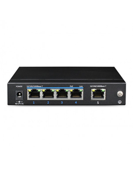 Switch PoE+ 5 porturi 10/100/1000 Base-T (4 downlink, 1 uplink) pentru sisteme de supraveghere. Comanda online pe RFPro.ro.