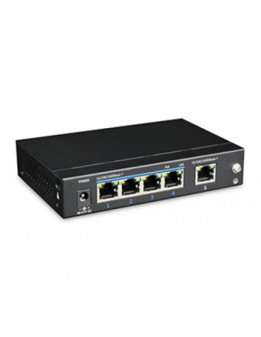 Switch PoE+ 5 porturi 10/100/1000 Base-T (4 downlink, 1 uplink) pentru sisteme de supraveghere. Comanda online pe RFPro.ro.