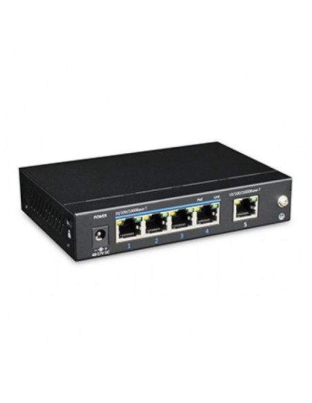 Switch PoE+ 5 porturi 10/100/1000 Base-T (4 downlink, 1 uplink) pentru sisteme de supraveghere. Comanda online pe RFPro.ro.