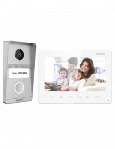 Kit videointerfon analogic 7inch, camera 2MP, conectare 2 fire - HIKVISION DS-KIS101-P(S). Comanda online pe RFPro.ro.