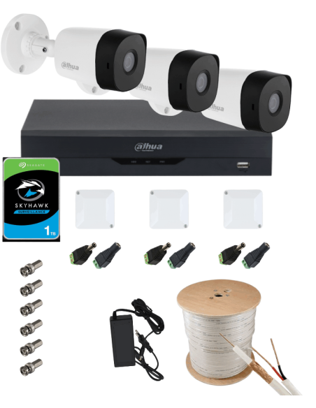 KIT DAHUA, DAH-A3IEXT2B20C, DVR + 3xCAMERA, 2MP, IR 20m
