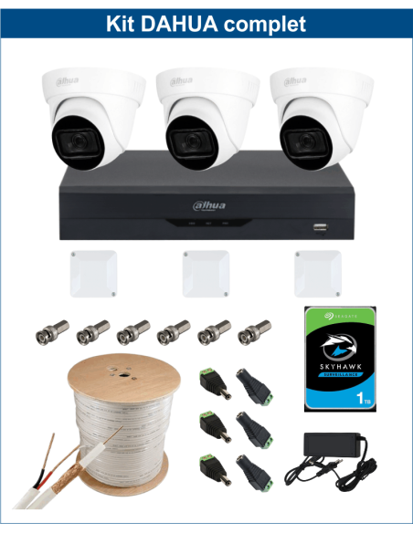 KIT DAHUA, DAH-A3IEXT2D60C, DVR + 3xCAMERA, 2MP, IR 60m