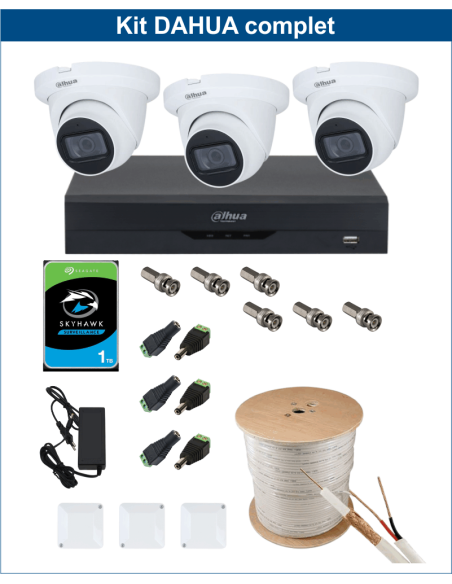 KIT DAHUA, DAH-A3IEXT2D60C, DVR + 3xCAMERA, 2MP, IR 60m