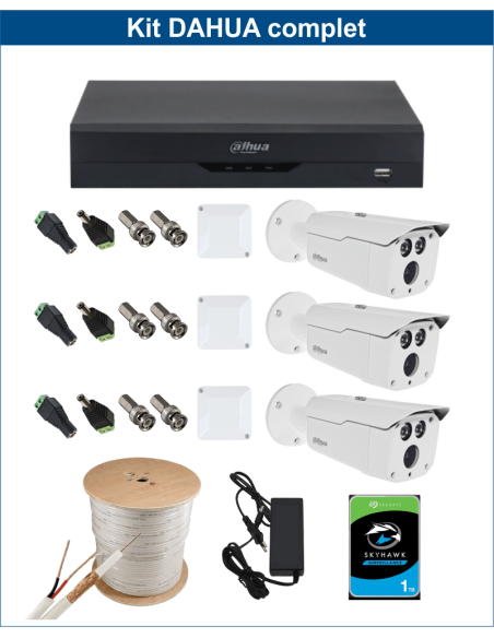 KIT DAHUA, DAH-A3IEXT2B80C, DVR + 3xCAMERA, 2MP, IR 80m