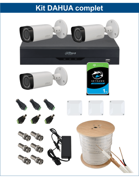 KIT DAHUA, DAH-A3IEXT2B30C, DVR + 3xCAMERA, 2MP, IR 30m