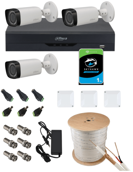 KIT DAHUA, DAH-A3IEXT2B30C, DVR + 3xCAMERA, 2MP, IR 30m