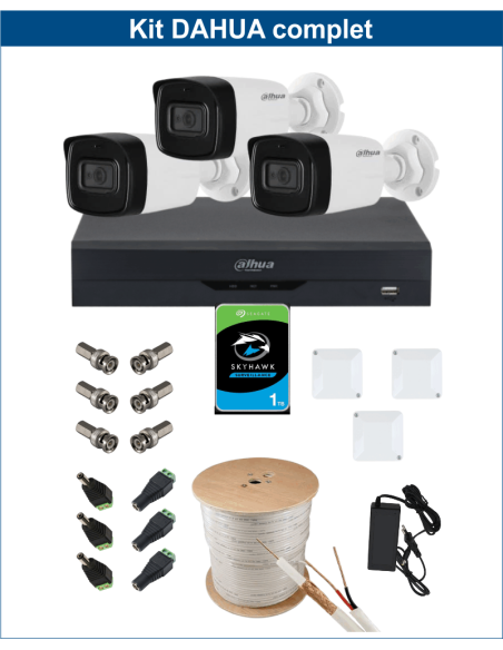 KIT DAHUA, DAH-A3IEXT2B80C, DVR + 3xCAMERA, 2MP, IR 80m