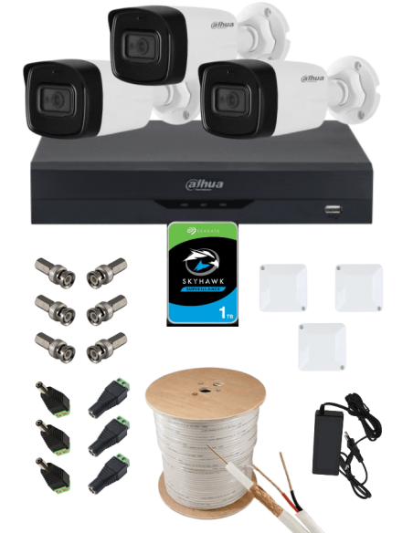KIT DAHUA, DAH-A3IEXT2B80C, DVR + 3xCAMERA, 2MP, IR 80m
