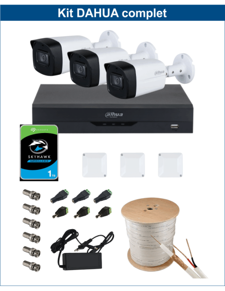 KIT DAHUA, DAH-A3IEXT2B60C, DVR + 3xCAMERA, 2MP, IR 60m