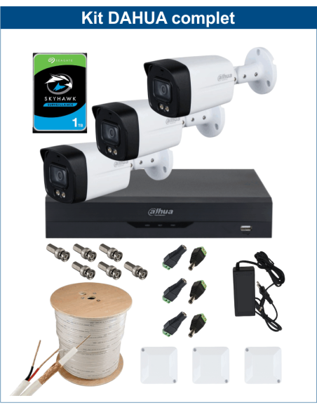 KIT DAHUA, DAH-A3IEXT2B40C, DVR + 3xCAMERA, 2MP, IR 40m