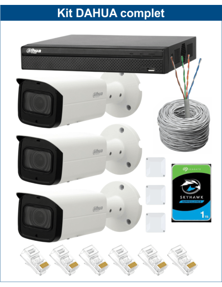 KIT DAHUA, DAH-IPP3IEXT2B60C, NVR + HDD + 3xCAMERA, 2MP, IR 60m