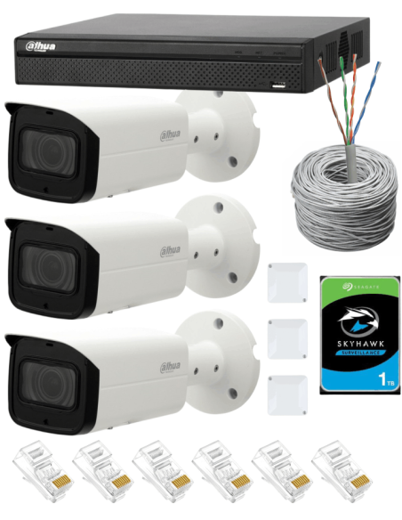 KIT DAHUA, DAH-IPP3IEXT2B60C, NVR + HDD + 3xCAMERA, 2MP, IR 60m