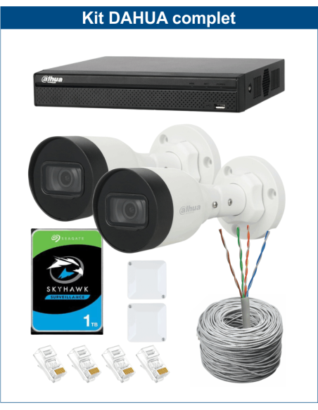 KIT DAHUA, DAH-IPP2IEXT2B30C, NVR + HDD + 2xCAMERA, 2MP, IR 30m