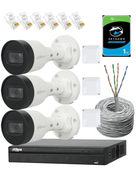 KIT DAHUA, DAH-IPP3IEXT2B30C, NVR + HDD + 3xCAMERA, 2MP, IR 30m