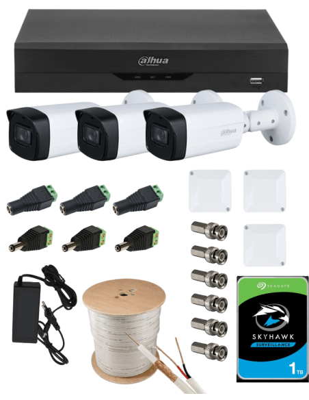 KIT DAHUA, DAH-A3IEXT5B80C, DVR + HDD + 3xCAMERA, 5MP, IR 80m