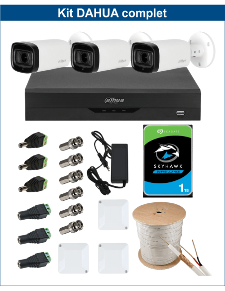 KIT DAHUA, DAH-A3IEXT5B60C, DVR + HDD + 3xCAMERA, 5MP, IR 60m