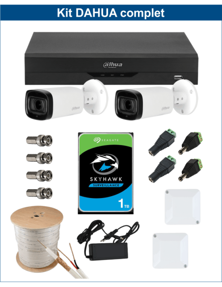 KIT DAHUA, DAH-A2IEXT5B60C, DVR + HDD + 2xCAMERA, 5MP, IR 60m