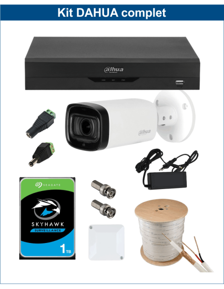 KIT DAHUA, DAH-A1IEXT5B60C, DVR + HDD + 1xCAMERA, 5MP, IR 60m