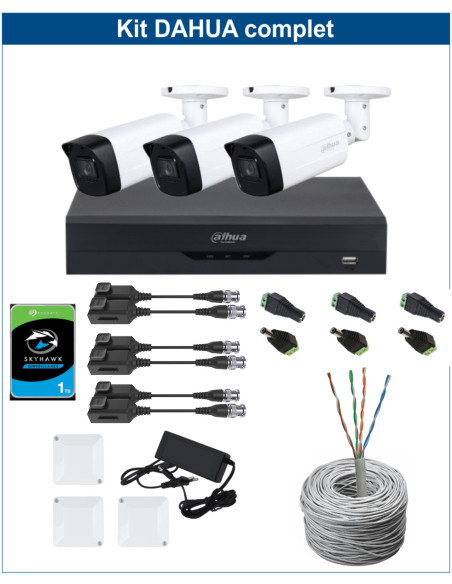 KIT DAHUA, DAH-A3IEXT2B80C, DVR + 3xCAMERA, 2MP, IR 80m